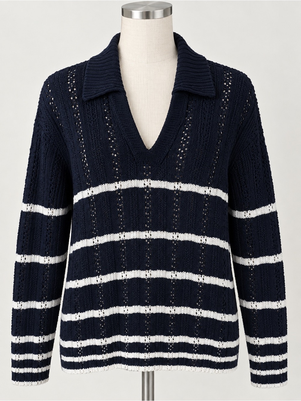 Talbots Navy & White Striped V-Neck Collared Sweater